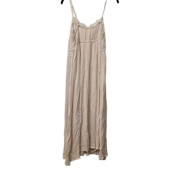 ASOS Crinkle Gauzy Button Front Lace Trim Viscose Cami Midi Dress Beige Large - Picture 2 of 4